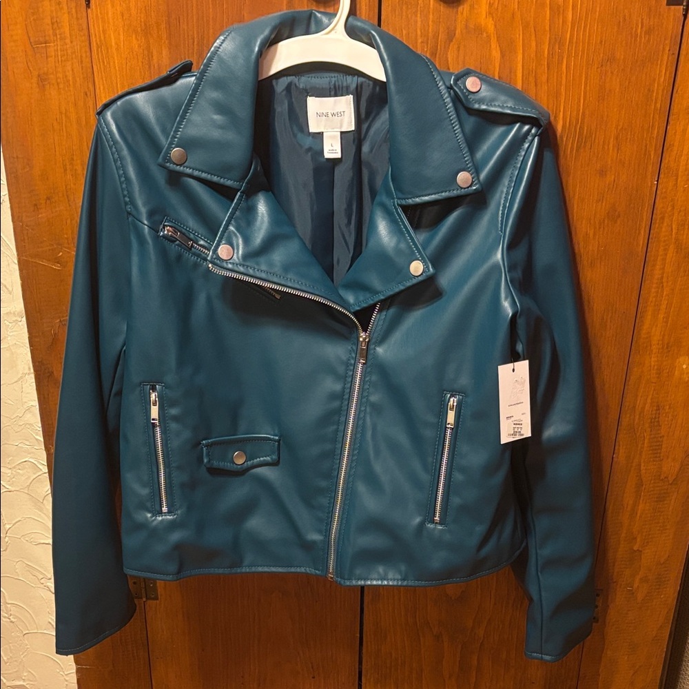 Nine West Women's Blue Faux Leather Moto Jacket Large NWT